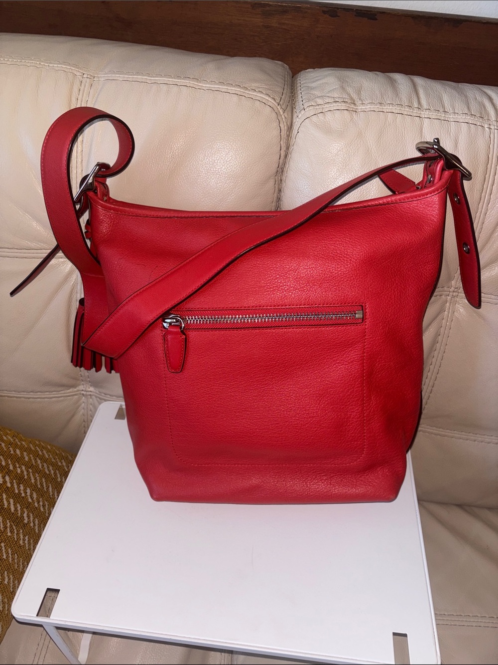 COACH Red Leather Tassel 2WAY Shoulder Bag Authentic Large Leather Tote - Picture 5 of 14